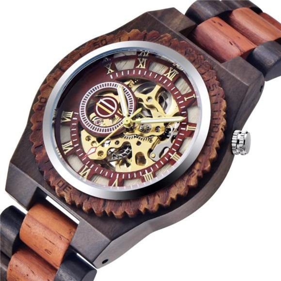 Men's Wooden Watch Skeleton Automatic Movement Wood Watch Self-Winding Watches - Picture 5 of 7